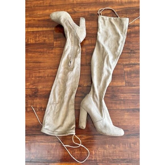 Lulu's Taupe Over-The-Knee Medieval Heeled Boots Side Zipper & Tie Closures 8.5 - Picture 5 of 9